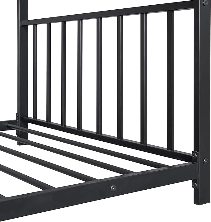 Twin Size Kids Montessori Floor Bed,House Bed Frame with High Headboard,Twin Floor Bed with Roof for Boys Girls,Floor Bed Metal Frame (Black) - LeafyLoom