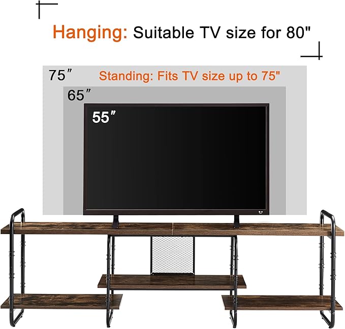 VECELO, Entertainment Center/Media Console Table with Adjustable Storage Shelves for Living Room/Bedroom, 75 inch TV Stand, Rustic Brown - LeafyLoom