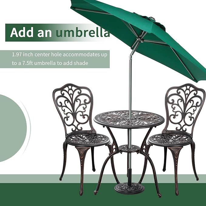 Outdoor Bistro Set 3 Piece Patio Bistro Set with Umbrella Hole, Weather Resistant Bistro Table and Chairs Set of 2 for Porch Garden, Bronze - LeafyLoom