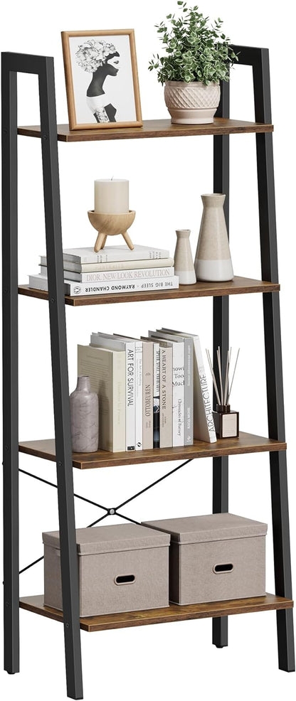 VASAGLE Ladder Shelf, 4-Tier Bookshelf, Storage Rack, Bookcase with Steel Frame, for Living Room, Home Office, Kitchen, Bedroom, Industrial Style, Rustic Brown and Black ULLS44X - LeafyLoom