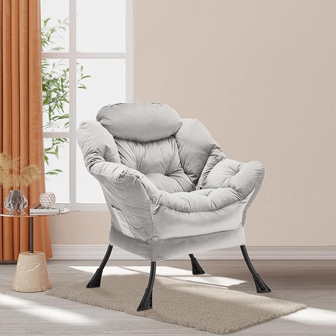 Lazy Chair Thick Padded, Accent Chair Velvet Upholstered with Wide Seat, Stable Metal Frame and Non-Slip Pad, Modern Sofa Armchair with Side Storage Bag for Dorm, Room, Office, Light Gray - LeafyLoom