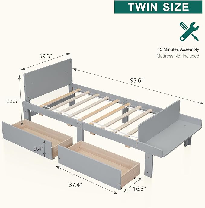 Dolonm Twin Bed Frames for Kids with 2 Drawers, Storage Platform Bed with Footboard Bench, Twin Kids Bed Headboard Frame Pine Wood, High Stable, No Box Spring Needed, Twin Bed for Kids, Grey - LeafyLoom