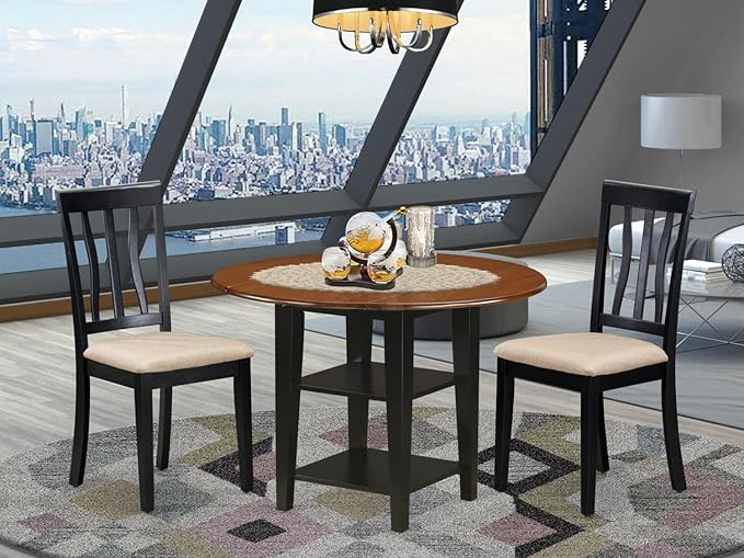 East West Furniture SUAN3-BCH-C 3 Piece Dining Room Table Set Contains a Round Kitchen Table with Dropleaf & Shelves and 2 Linen Fabric Upholstered Chairs, 42x42 Inch, Black & Cherry - LeafyLoom