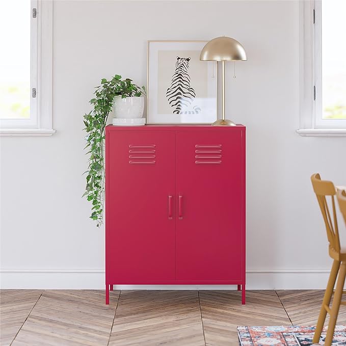 Novogratz Cache 2 Door Metal Locker-Style Storage Accent Cabinet, Magenta - LeafyLoom