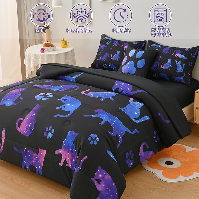 DORCAS Cute Cat Twin Comforter Set for Girls Starry Sky Bedding Sets Twin Girls 6 Pieces Animal Twin Bed-in-A-Bag with Comforter,Sheets,Pillowcases for Kids - LeafyLoom