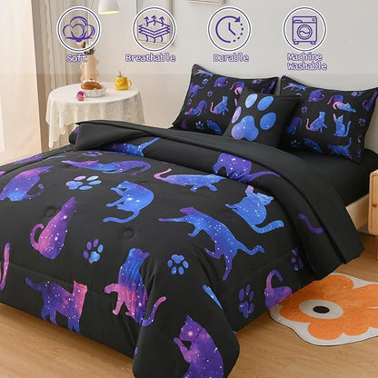 DORCAS Cute Cat Twin Comforter Set for Girls Starry Sky Bedding Sets Twin Girls 6 Pieces Animal Twin Bed-in-A-Bag with Comforter,Sheets,Pillowcases for Kids - LeafyLoom