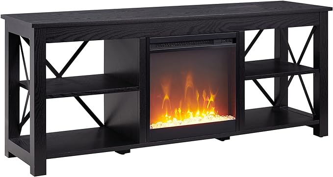 Henn&Hart Rectangular TV Stand with Crystal Fireplace for TV's up to 65" in Black, TV Stands for the Living Room - LeafyLoom