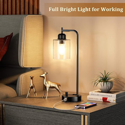 Industrial Bedside Table Lamp for Bedroom - Nightstand Lamps with USB C Charging Port, Fully Dimmable Black Ports and Outlets, Small Desk Glass Shade Office Living Room - LeafyLoom