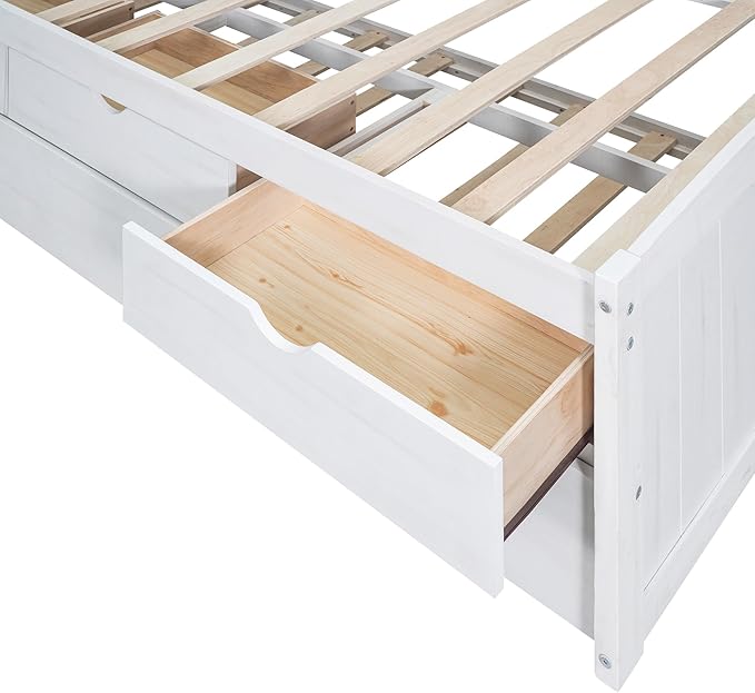 Twin Size Captain Bed with 3 Storage Drawers and Trundle, Wood Twin Bed Frame with Built-in Bookshelves for Kids Teens Adults, White Wash - LeafyLoom