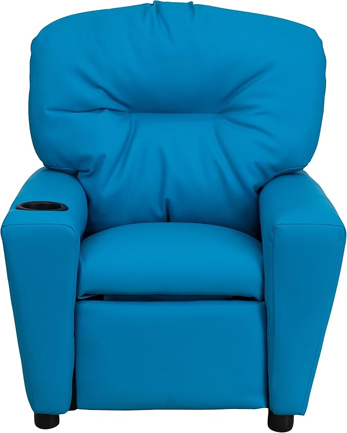 Flash Furniture Chandler Vinyl Kids Recliner with Cup Holder and Safety Recline, Contemporary Reclining Chair for Kids, Supports up to 90 lbs., Turquoise - LeafyLoom