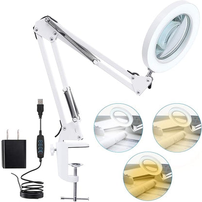 LED Magnifying Lamp with Clamp, 8-Diopter, 10X Real Glass Lens, 3 Color Modes and Stepless Dimmable Magnifier Desk Lamp,Adjustable Swivel Arm Lighted Magnifying Glass for Repair Craft Close Work-White - LeafyLoom