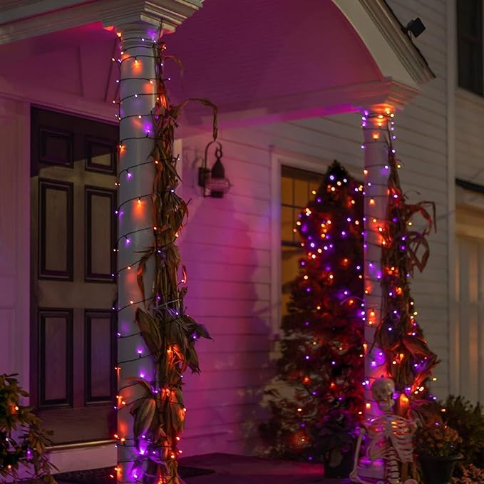 Dazzle Bright 2 Pack Total 400LED 132FT Halloween Solar String Outdoor Lights, 8 Modes Waterproof Halloween Lights for Bedroom Patio Garden Tree Party Yard Decoration (Purple & Orange) DazzleBright