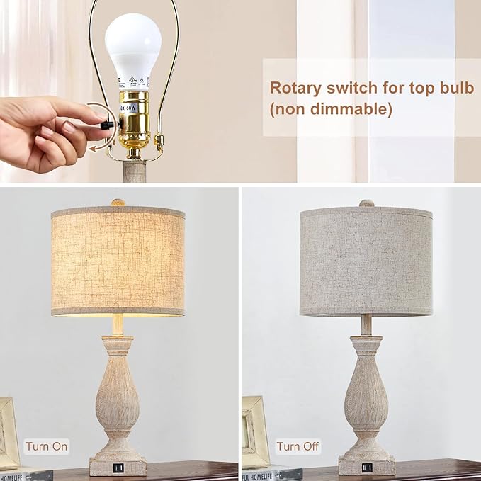 Farmhouse Table Lamps for Living Room Bedside Lamps for Nightstand Vintage Rustic Table Lamps for Bedrooms Set of 2 with USB Charging Ports Wooden Finish Bulbs Not Included - LeafyLoom