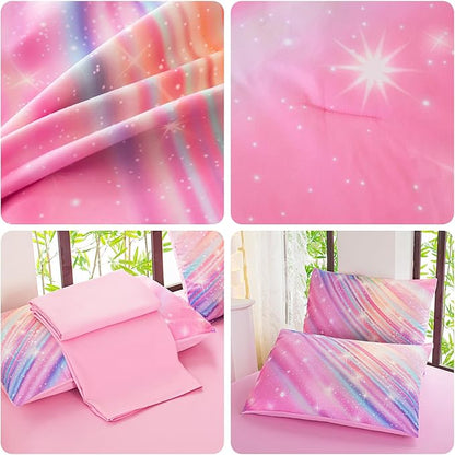 Full Size Bedding Sets Kids Bedding Sets for Girls,Galaxy Bedding 7pieces Glitter Pink Comforter, Colorful Comforter Full Size Comforter Sets for Teen Girls - LeafyLoom