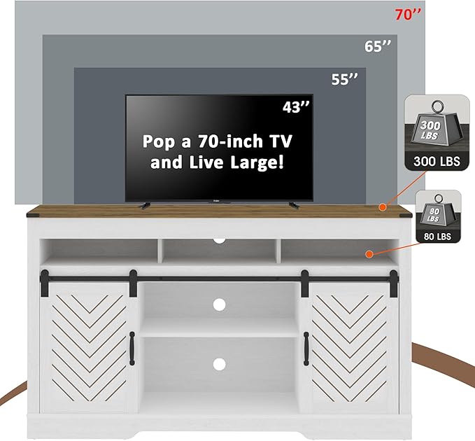 Farmhouse TV Stand with Sliding Barn Door for TVs up to 65+ Inch, 34" Tall Entertainment Center, Wood Media Console Storage Cabinet for Bedroom, Living Room, White and Rustic Oak - LeafyLoom