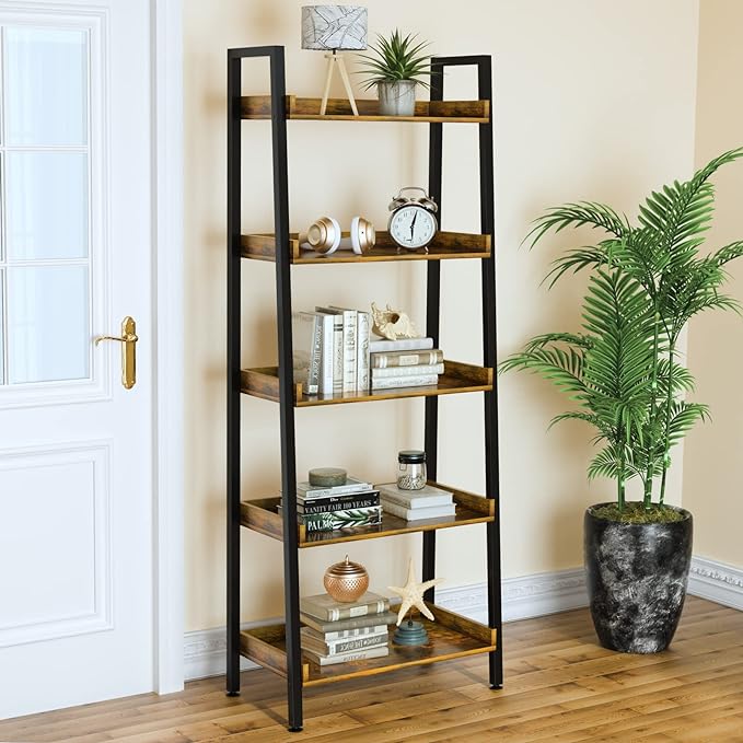 ASTARTH Ladder Shelf-5 Tier Bookshelves w/Open Shelf for Storage, Industrial Bookshelf & Tall Ladder Shelf-Metal Frame for Bedroom, Living Room, Kitchen-67.3'' H, Easy Assembly, Rustic Brown - LeafyLoom