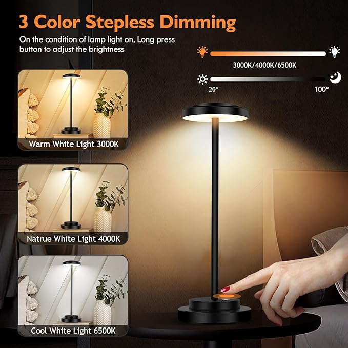 Cordless Table Lamp, Rechargeable Lamps, 5000mAh Battery Operated, LED Portable Table Lamp, 3 Color Dimmable, Aluminum, for Nightstand/Bar/Dining/Patio/Bedroom/Outdoor - LeafyLoom