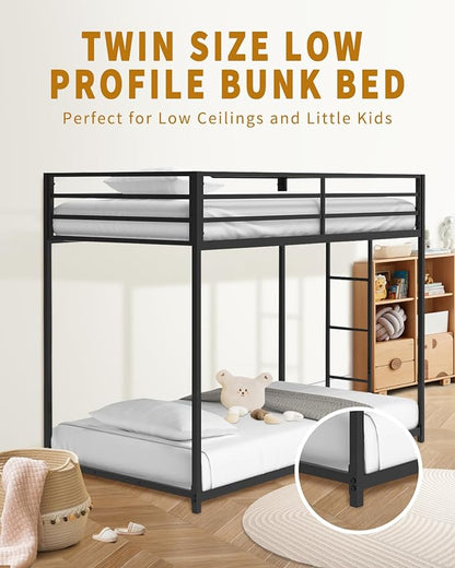 Twin Over Twin Bunk Bed - LifeSky Metal Low Profile Bunkbed with Side Ladder Black - LeafyLoom