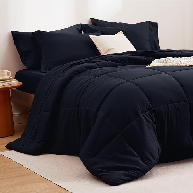 Bedsure Black King Size Comforter Set - 7 Pieces Solid King Bed Set, King in a Bag with Quilted Warm Fluffy Comforters, Sheets, Pillowcases & Shams - LeafyLoom