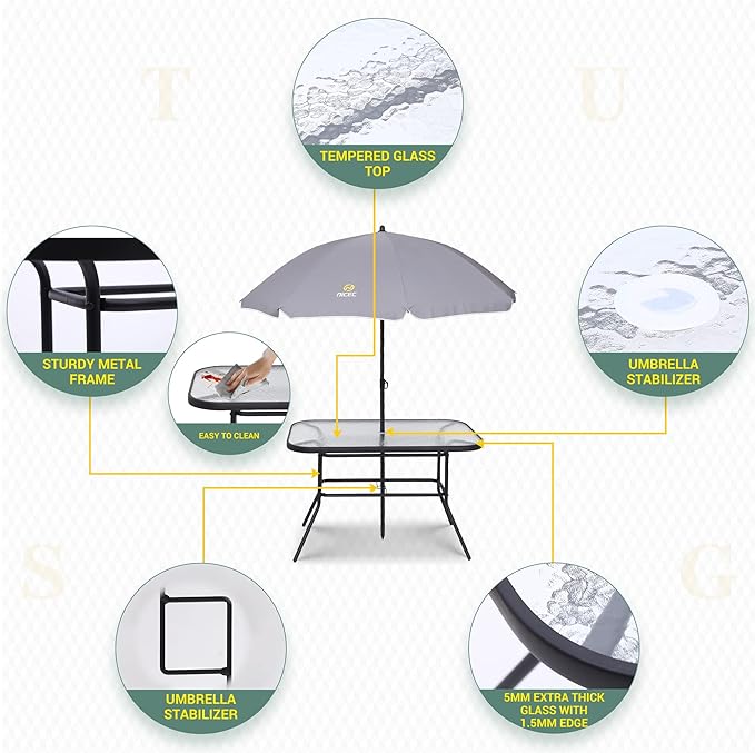 Nice C Outdoor Dining Sets, Patio Furniture Set, 8 Piece Set with Umbrella, Garden Outdoor Furniture Table Set with Tilted Removable Umbrella, Glass Table, and 6 Folding Chairs (Grey) - LeafyLoom