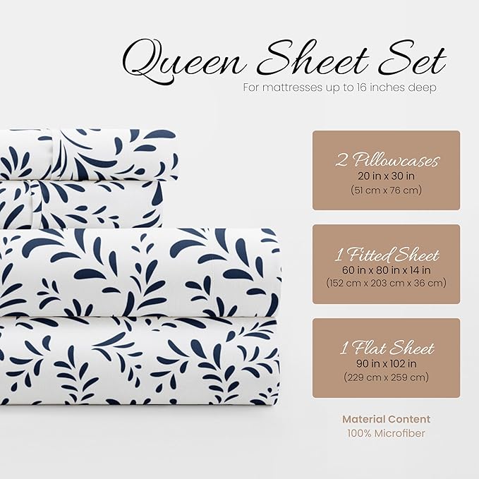 Linen Market 4 Piece Queen Bedding Sheet Set (Navy Vines) - Sleep Better Than Ever with These Ultra-Soft & Cooling Bed Sheets for Your Queen Size Bed - Deep Pocket Fits 16" Mattress - LeafyLoom