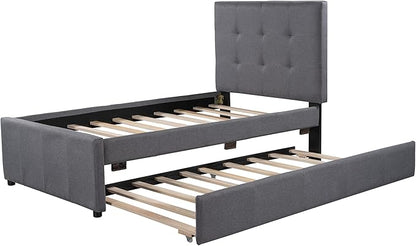 Twin Size Platform Bed, Linen Upholstered Bed Frame with Headboard and Trundle, Wood Slat Support, Gray - LeafyLoom