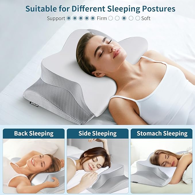 Neck Pillow Cervical Memory Foam Pillows for Pain Relief Sleeping, Ergonomic Pillow for Shoulder Pain, Orthopedic Contour Bed Pillow for Side, Back & Stomach Sleepers with Cooling Pillowcase - LeafyLoom