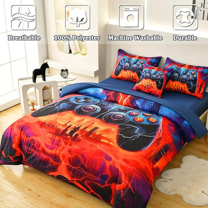 Game Console Twin Comforter Set with Sheets, Microfiber 6 Pcs Bed in A Bag Twin Size Gamer Bedding Set for Boys Kids Teens - LeafyLoom