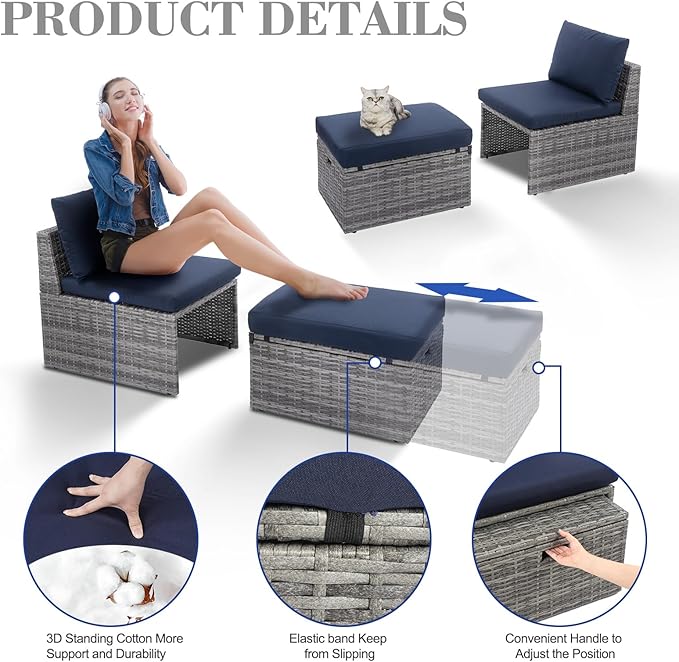 BACKYARD EXPRESSIONS PATIO · HOME · GARDEN w Backyard Expressions 2 Pc. Outdoor Conversation Chair Set with Storage and Ottoman, 250lb Weight Capacity, Navy Blue/Grey Wicker - LeafyLoom