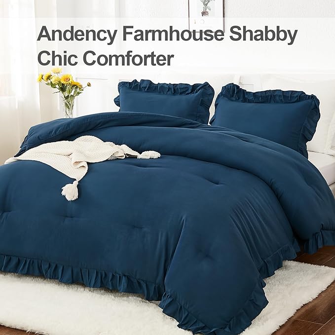 Andency Navy Blue Comforter Twin Size, 2 Pieces Kids Bed Comforter Set, Solid Ruffle Shabby Chic Farmhouse Comforter, Lightweight Soft Down Alternative Microfiber Bedding Set - LeafyLoom