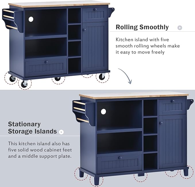 Mobile Cart with Storage Cabinet & Solid Wood Desktop, Kitchen Island on Wheels w/Adjustable Shelf and Drawer, Floor Standing Buffet Server Sideboard for Dining Room, Bar, Dark Blue, 50.8 Inch - LeafyLoom