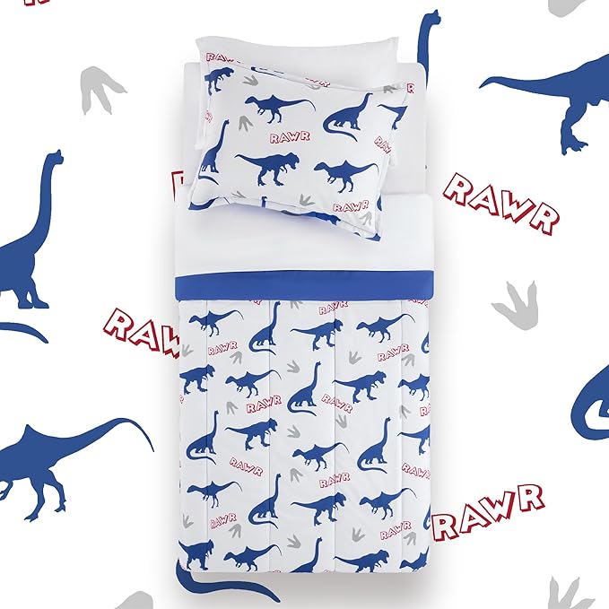 SLEEP ZONE Kids Bedding Set for Boys, Dinosaur Pattern, Super Soft and Breathable, All Season Use Comforter Set, 7 Pieces (Dinosaur Footprints, Full/Queen) - LeafyLoom