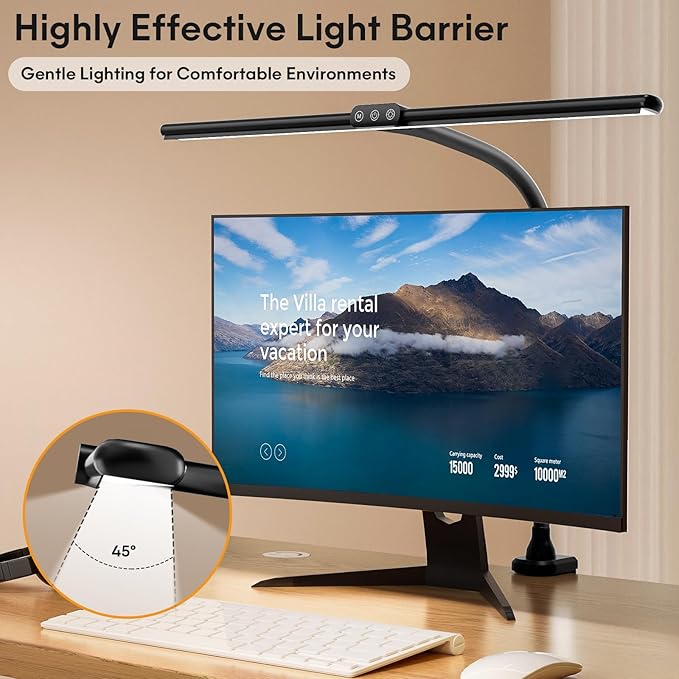 Hokone Desk Lamps for Home Office, 31.5" Wide Architect Desk Lamp with Clamp, Tall Office Lamp Dimmable, Black Desk Light with Timer, Bright Gooseneck Lamp for Workbench/Desktop - LeafyLoom