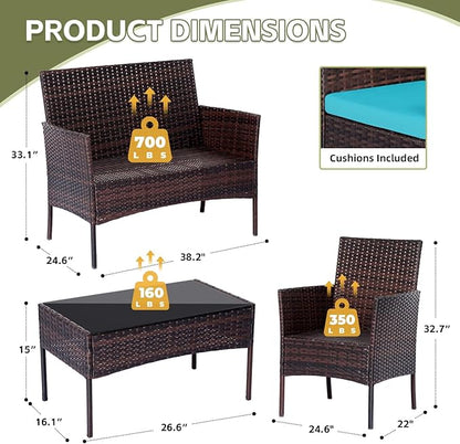 Patio Furniture Set 4 Pieces Conversation Sets Outdoor Wicker Rattan Chairs Garden Backyard Balcony Porch Poolside Loveseat with Soft Cushion and Tempered Glass Table(Brown/Blue) - LeafyLoom