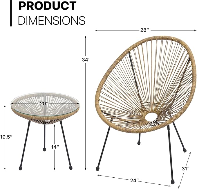 MoNiBloom 3 Piece Patio Set All Weather Outdoor Furniture Conversation Bistro Set with Plastic Rope, Glass Top Table and 2 Metal Steel Chairs for Garden Deck and Backyard Natural - LeafyLoom