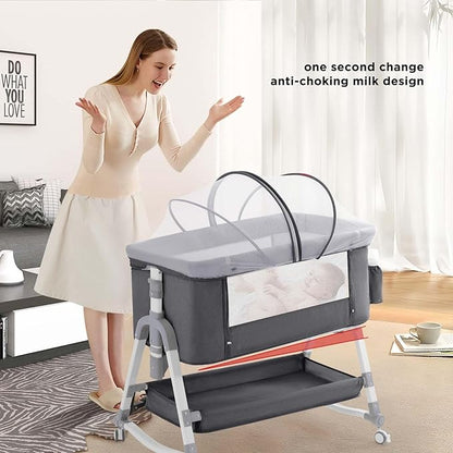 4 in 1 Baby Bassinet, Rocking Bassinets Bedside Sleeper with Comfy Mattress and Wheels, Height Adjustable Easy Folding Portable Bedside Crib for Newborn Infant,Dark Gray - LeafyLoom