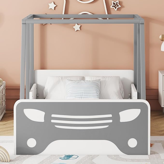 Toddler Twin Size Car Bed with Roof & Door,Wooden Car-Shaped Floor Bedframe W/Safety Guardrail,Racecar Design,Easy Assembly,Montessori Inspired Bedroom Furniture for Boys Kids Teens,Grey - LeafyLoom