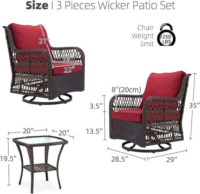 IDEALHOUSE 3 Pieces Outdoor Wicker Swivel Rocker Patio Set, 360-Degree Swivel Rocking Chair Elegant Wicker Patio Bistro Set with Tempered Glass Top Side Table (Red) - LeafyLoom