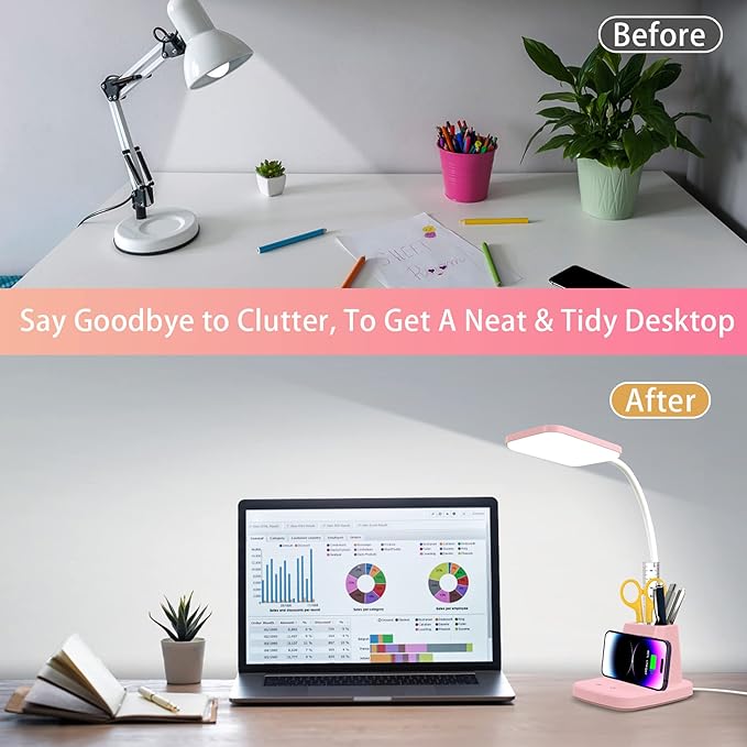 Sailstar Cute Desk Lamp, Pink Small Desk Lamp with Pen Holder, Wireless Charger LED Desk Lamps for Home Office, Kids Desk Lamp 800LM Gooseneck 3 Modes Dimmable Touch, Study Lamp for College Dorm Room - LeafyLoom