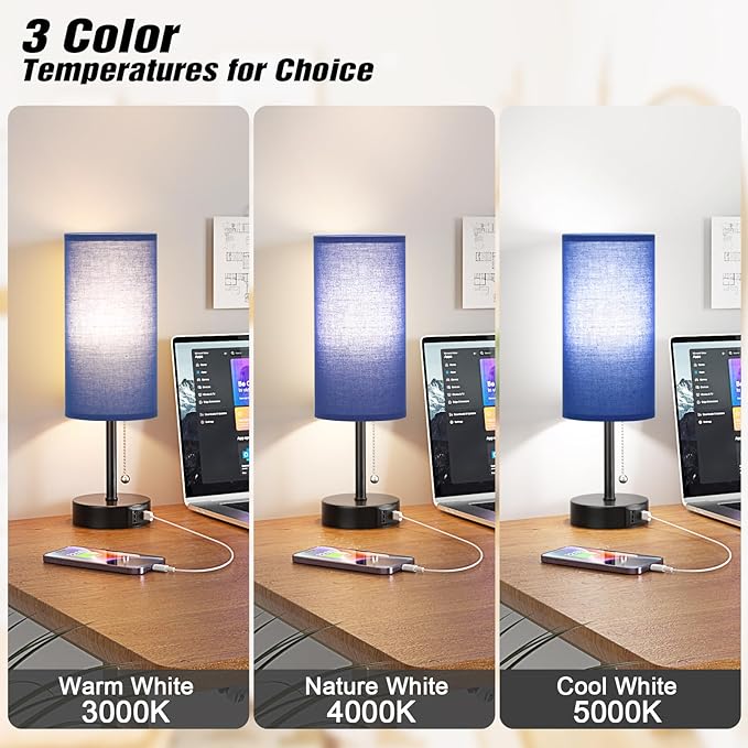 Blue Table Bedside Lamp for Bedroom Nightstand - Small Lamp with USB A + C Charging Port, 3 Color Temperatures Pull Chain Night Stand Light with Bulb, Side Table Desk Reading Lamp for Living Room - LeafyLoom