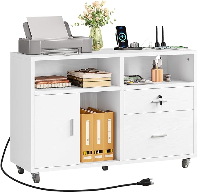 DWVO 2 Drawer File Cabinet with Charging Station, Mobile Filing Cabinet with Lock, White - LeafyLoom