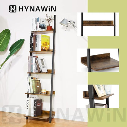 HYNAWIN 5 Tier Ladder Shelf-Wood & Metal Bookcase,Wall Mount Bookshelf Standing Unit,Multipurpose Plant Stand for Livingroom,Kitchen,Space Saving Display Rack,Industrial Accent Furniture - LeafyLoom