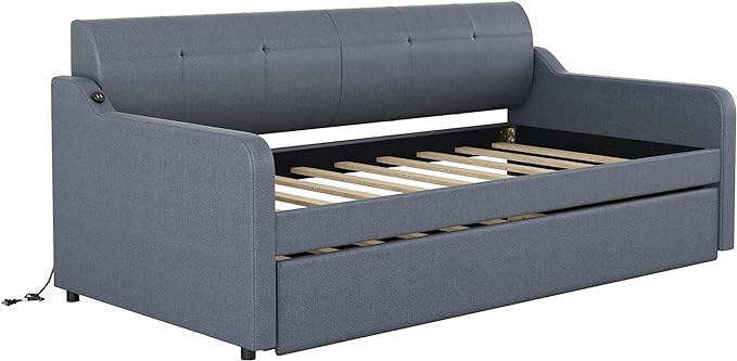 Upholstered Daybed with Pop Up Trundle, Twin Size Daybed with Trundle and USB Charging Ports, for Living Room Bedroom Guest Room, Gray - LeafyLoom