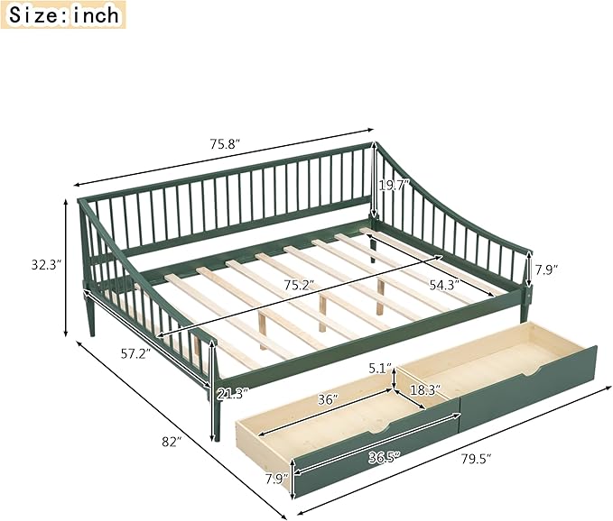 Full Size Daybed with Two Drawers,Solid Wood Storage Bed Frame W/Wooden Slat Support,Guide Rail Design on Three Sides,Easy to Assemble,for Bedroom Living Room,Green - LeafyLoom