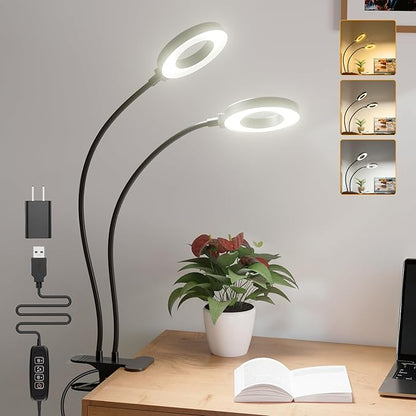 LED Desk Lamp with USB Adapter, Eye-Caring Gooseneck Ring Light, 3 Modes 10 Brightness Adjustable 10W Desk Light for Makeup Reading Bed Headboard (Metal) - LeafyLoom