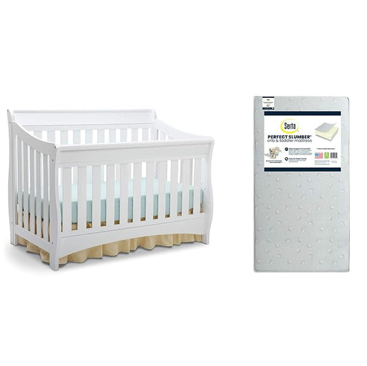 Delta Children Bentley S Series 4-in-1 Crib, White + Serta Perfect Slumber Dual Sided Recycled Fiber Core Crib and Toddler Mattress (Bundle) - LeafyLoom