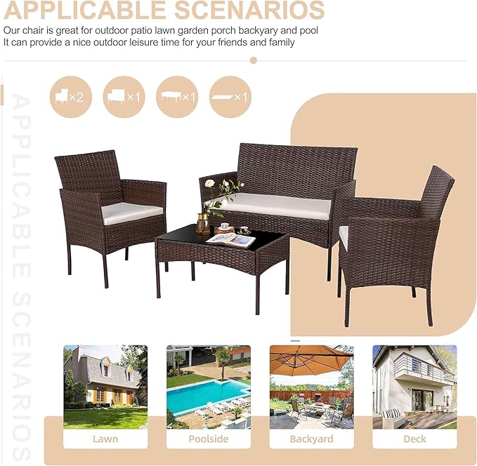 Shintenchi 4 Piece Outdoor Patio Furniture Sets, Small Wicker Patio Conversation Furniture Rattan Chair Set with Tempered Glass Coffee Table for Backyard Porch Garden Poolside Balcony - LeafyLoom