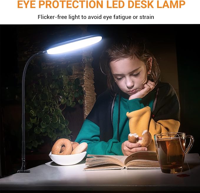 LED Desk Lamp with Clamp, 10W Flexible Gooseneck Swing Arm Clip Lamp with USB Plug, 3 Color Modes, 30 Brightness Levels, Eye-Caring Portable Desk Light for Home Office Reading Working (Black) - LeafyLoom