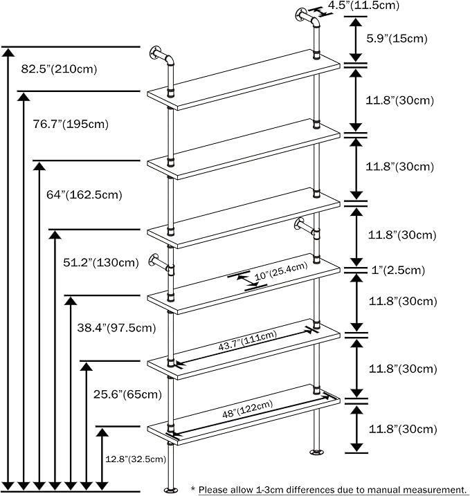 6 Tier Industrial Ladder Pipe Shelf, Wall Mounted Wood Metal Bookshelf for Living Room Storage (Weathered Brown, 10" D x 48" W x 82.5" H) - LeafyLoom