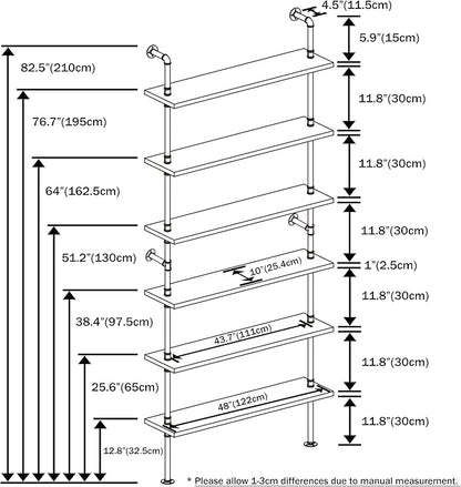 6 Tier Industrial Ladder Pipe Shelf, Wall Mounted Wood Metal Bookshelf for Living Room Storage (Weathered Brown, 10" D x 48" W x 82.5" H) - LeafyLoom